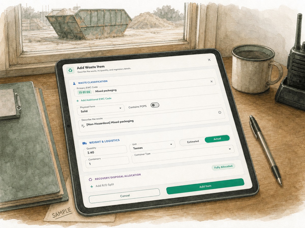 An illustrated iPad shows the waste data-entry form populated with sample information.