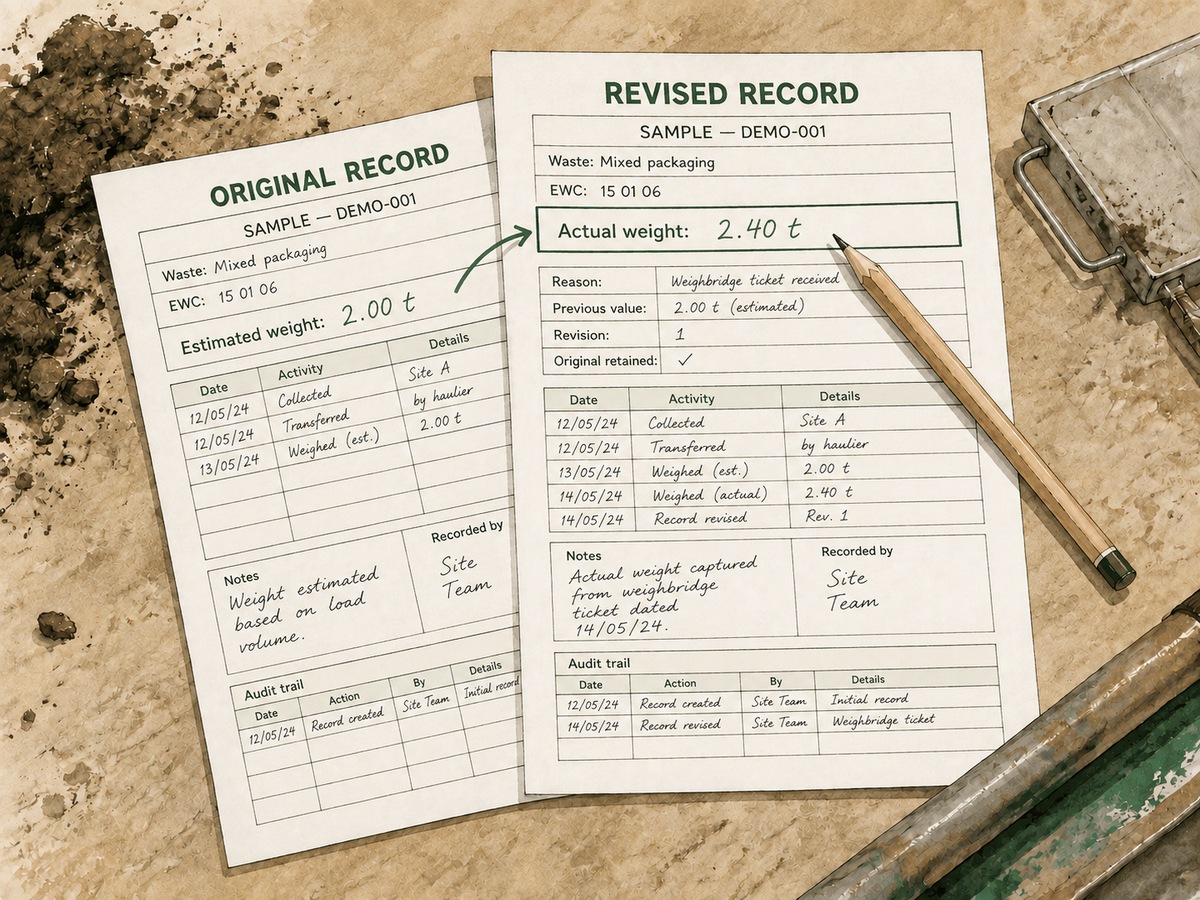 A corrected receipt updates the movement while the service retains its change history.